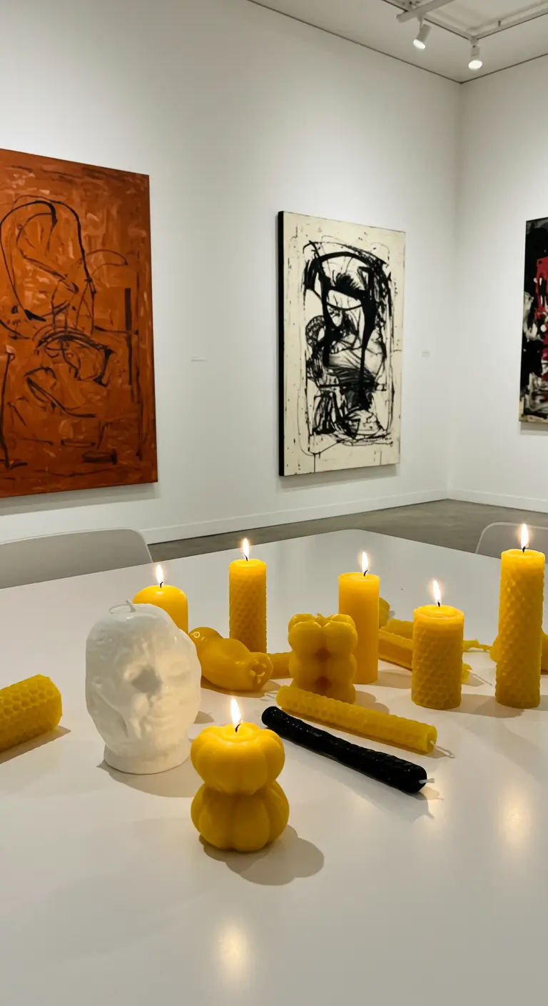 A white table in an art gallery with sculptural yellow and white beeswax candles.