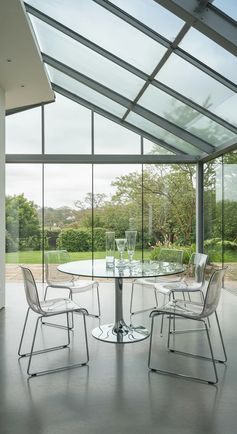 Dining set with clear acrylic chairs and a glass table inside a glass-walled sunroom.
