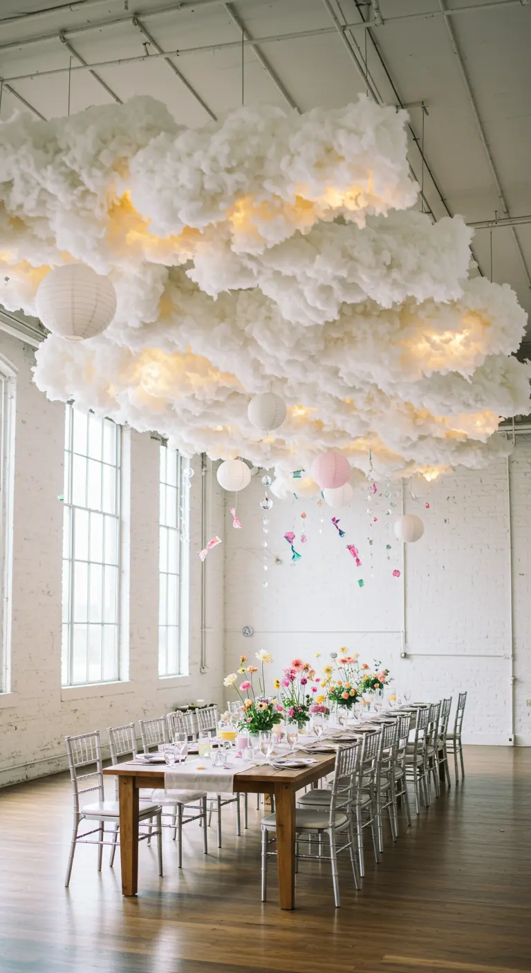 A long dining table sits under a large, fluffy white cloud installation with hanging paper lanterns.