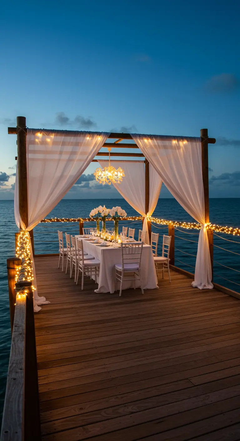 An elegant dining table on a pier, draped with white curtains and fairy lights.