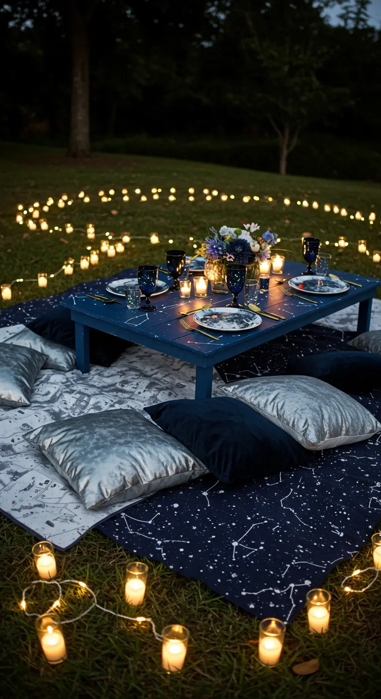 Celestial-themed night picnic with a star-print blanket and silver cushions.