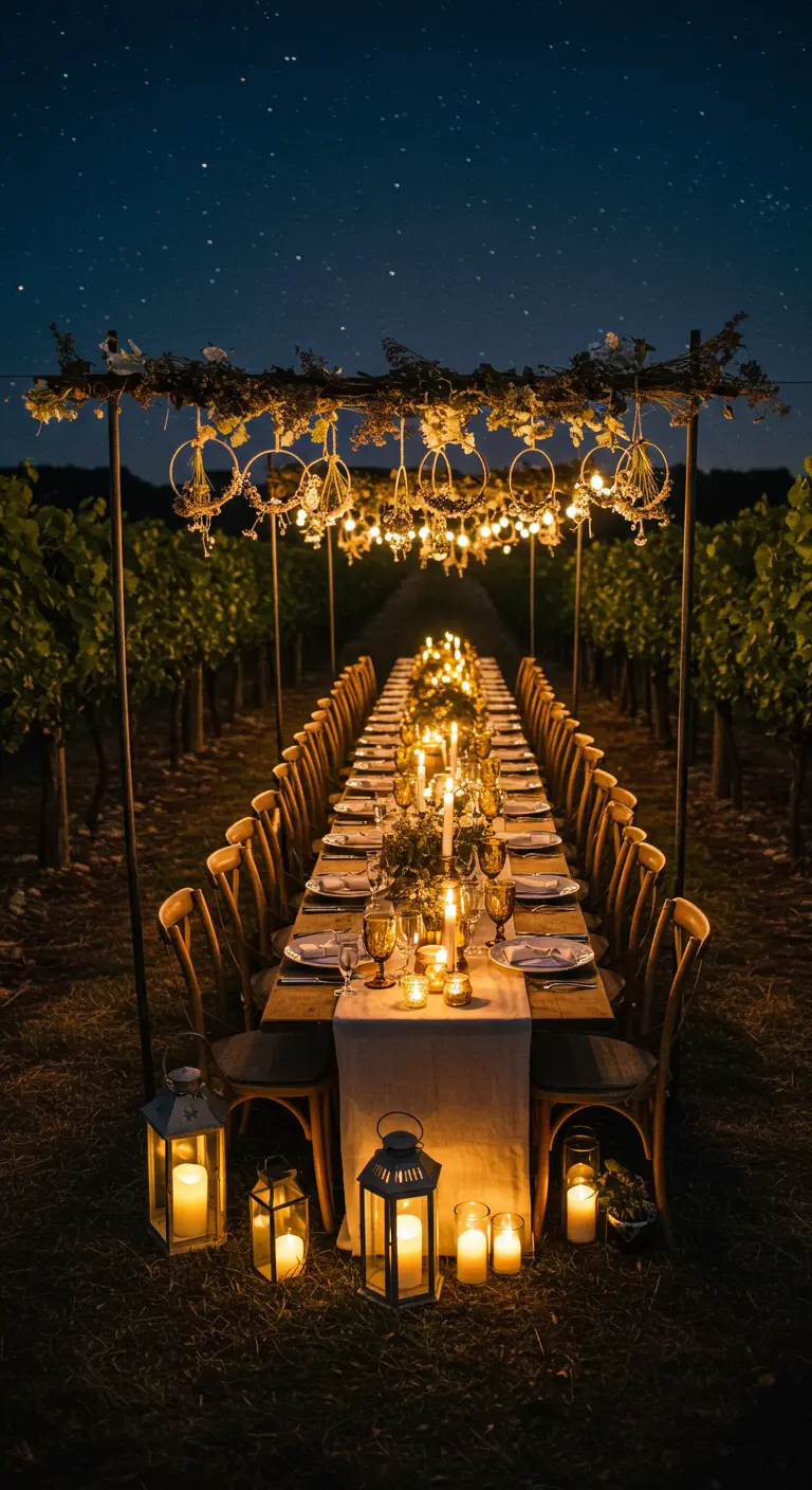 A long dining table set between vineyard rows under a canopy of mini wreaths and lights.