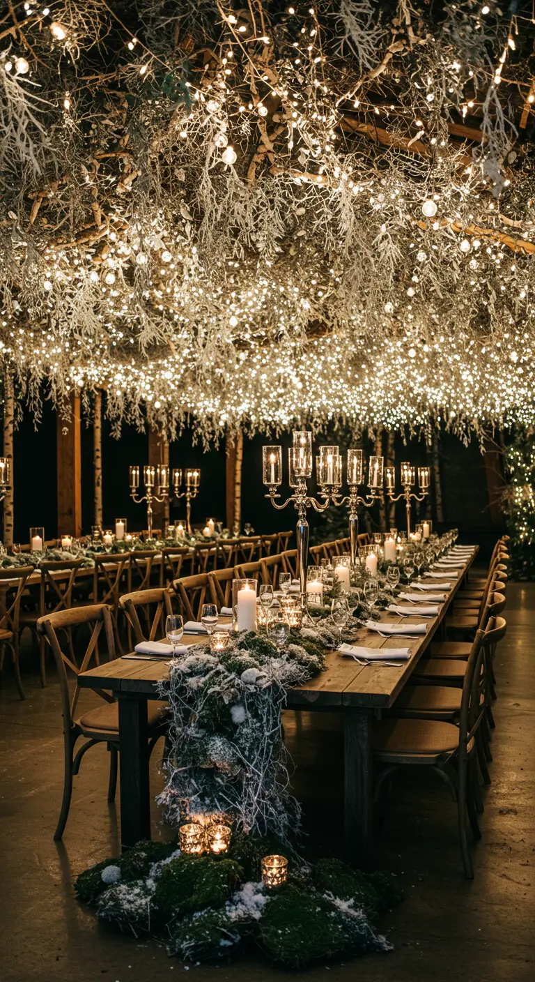 A long dining table sits under a ceiling completely covered in fairy lights and frosted branches.