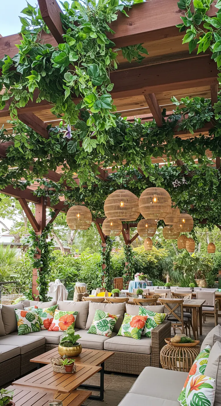 A lush pergola covered in vines with hanging rattan light fixtures over a lounge area.