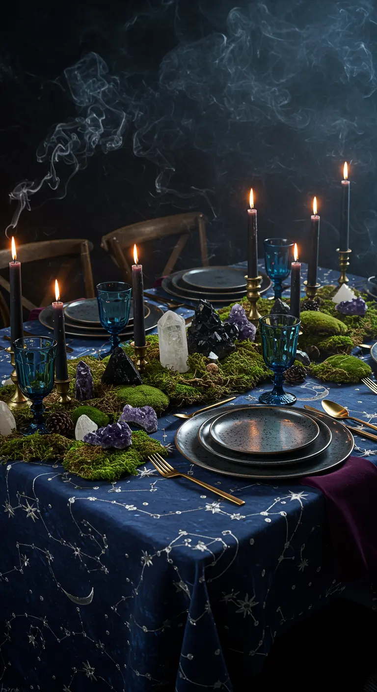 A mystical tablescape with a constellation tablecloth, a moss runner, crystals, and black candles.