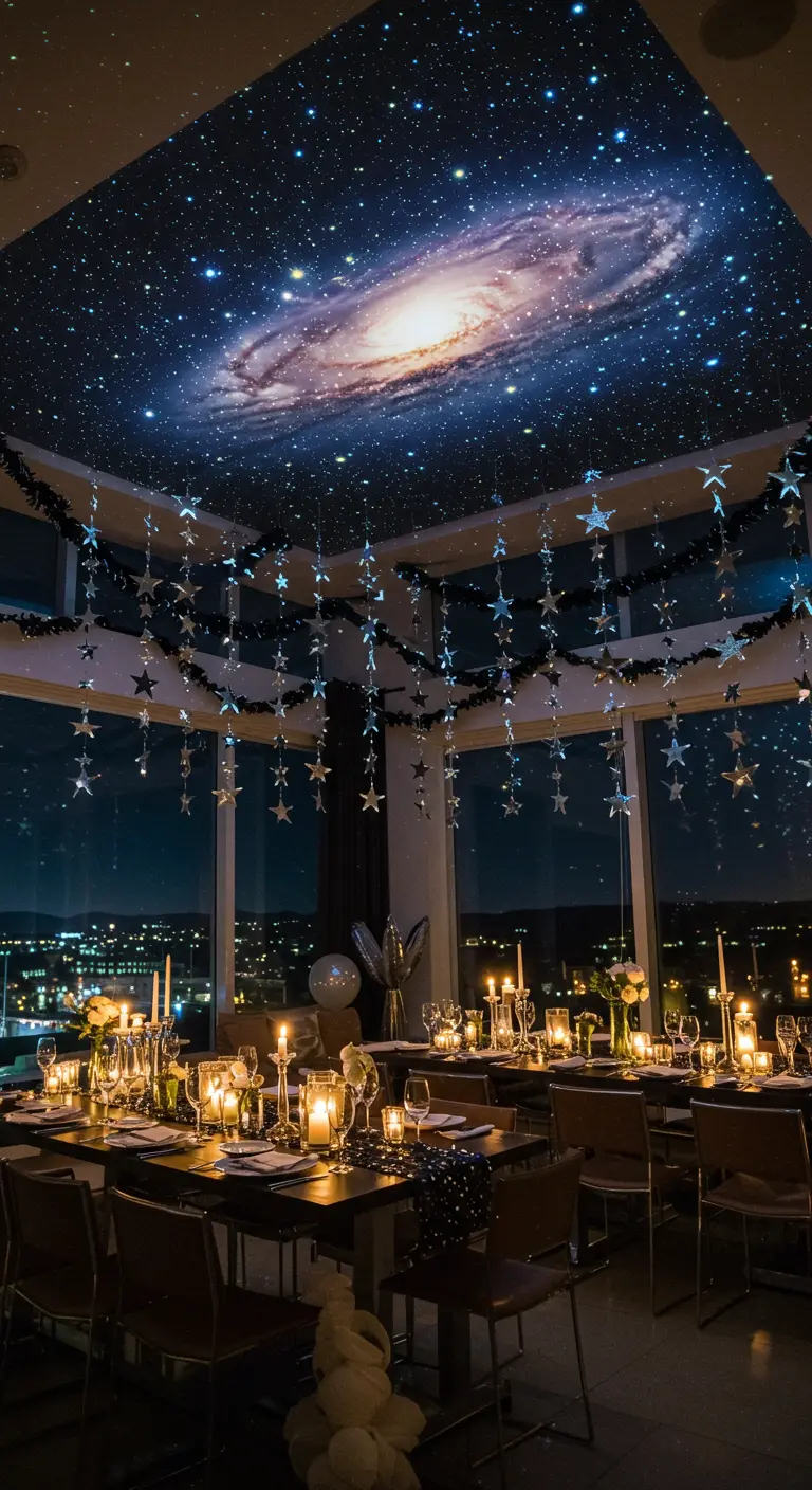 A dining area with a galaxy projection on the ceiling and hanging star garlands.