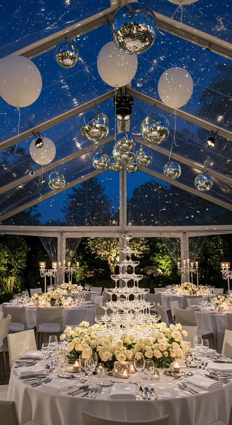 A party in a clear tent with disco balls and white balloons hanging from the ceiling.