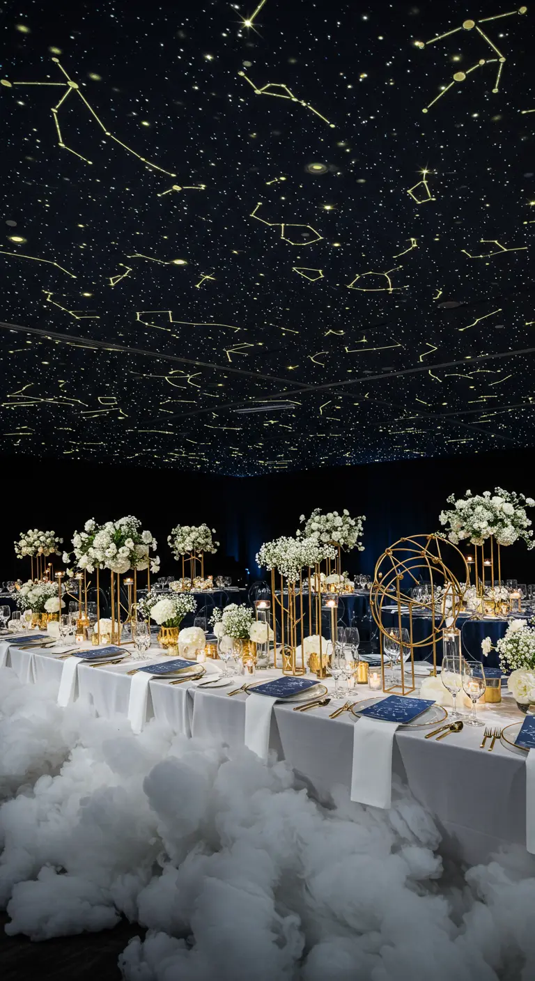 An event space with a starry night ceiling projection, tables with white florals, and a floor covered in mist.