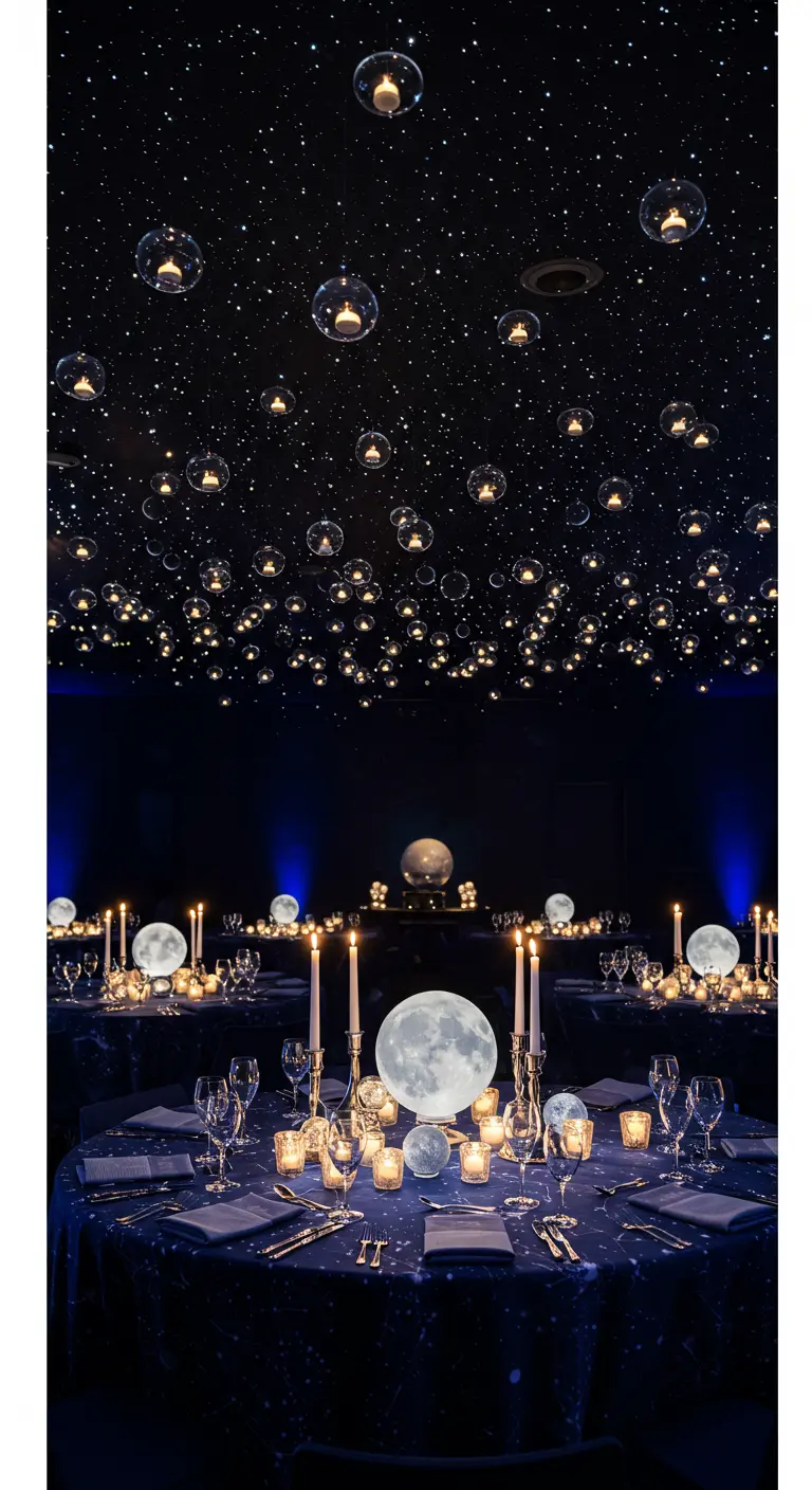 Tables set with glowing moon orbs under a ceiling decorated with hanging lights and projected stars.