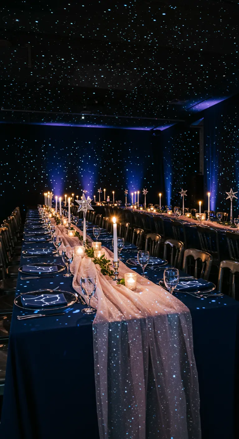 A long banquet table set under a ceiling projected with stars, with a shimmering blush runner.