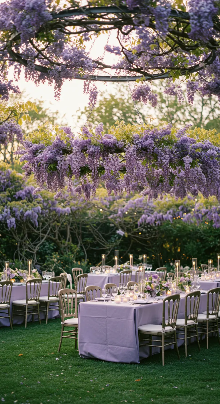Wedding tables set under a massive hanging installation of purple wisteria blooms.