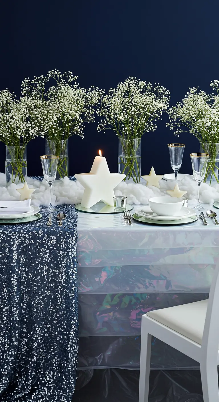 A celestial-themed table with a star candle, 'cloud' fluff, and baby's breath bouquets.