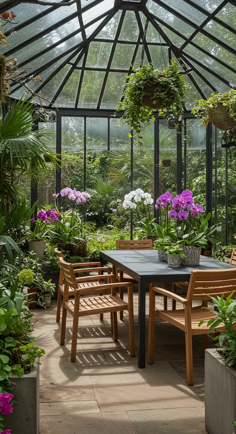 A dining set with a black table and teak chairs inside a glass greenhouse filled with plants.