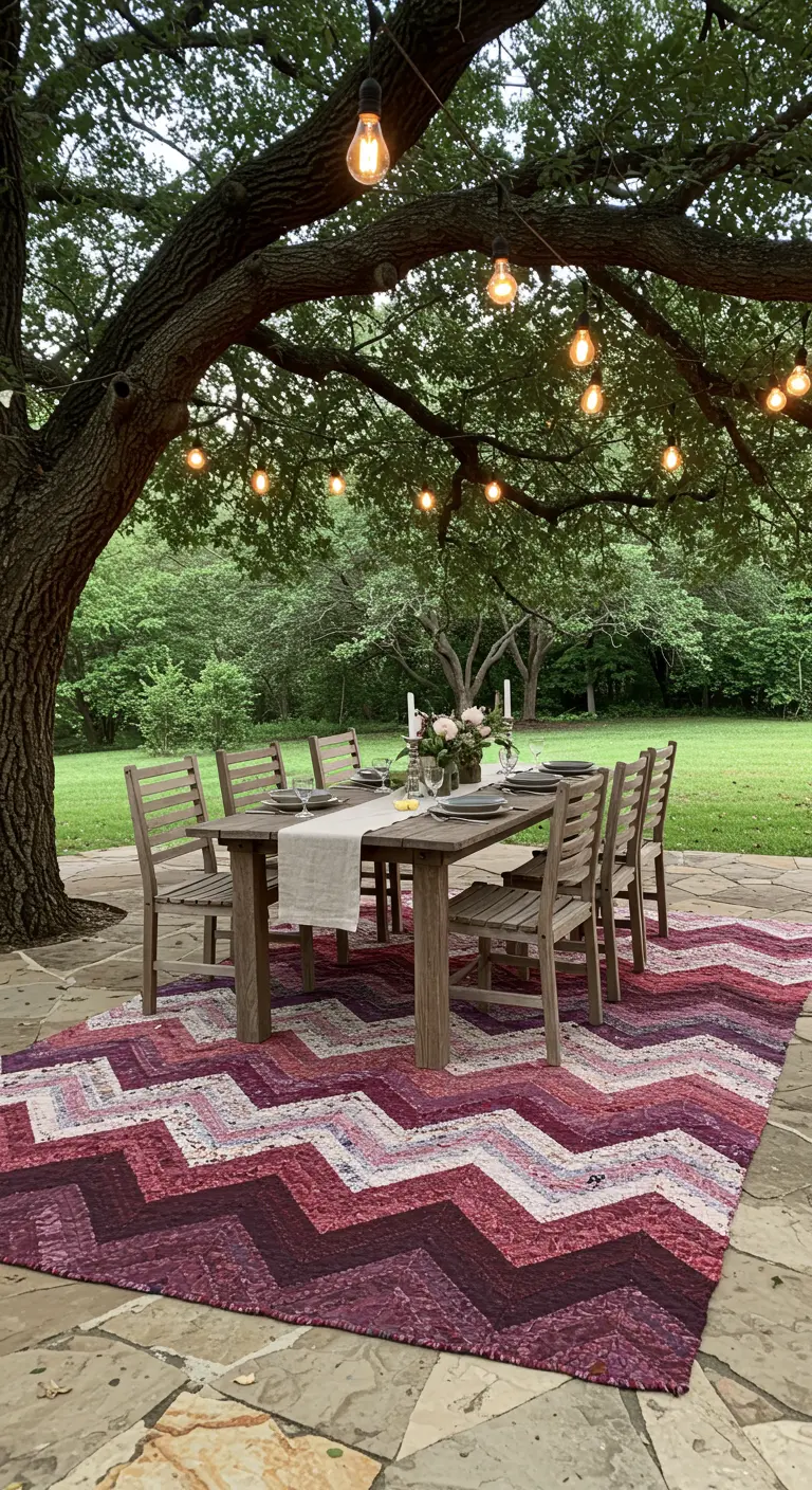A large, berry-toned chevron rug under a wooden dining table set beneath a large tree.