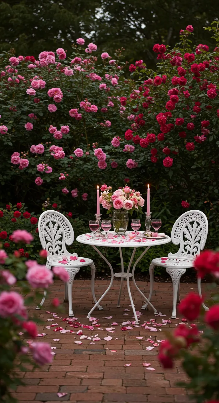 A white wrought-iron table set for two in the middle of a lush rose garden.