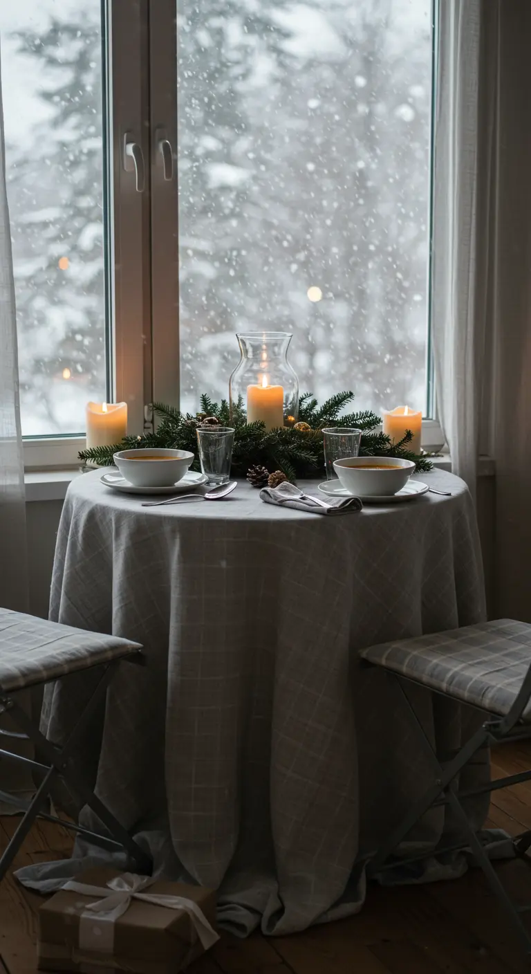 Cozy table for two by a snowy window with a hurricane lamp centerpiece and long tablecloth.