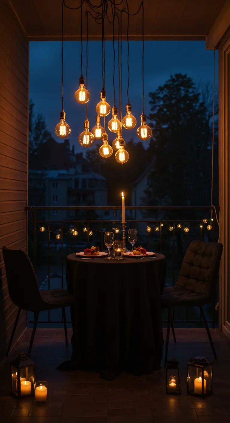 A romantic balcony dinner for two, under a dramatic cluster of hanging Edison bulbs.