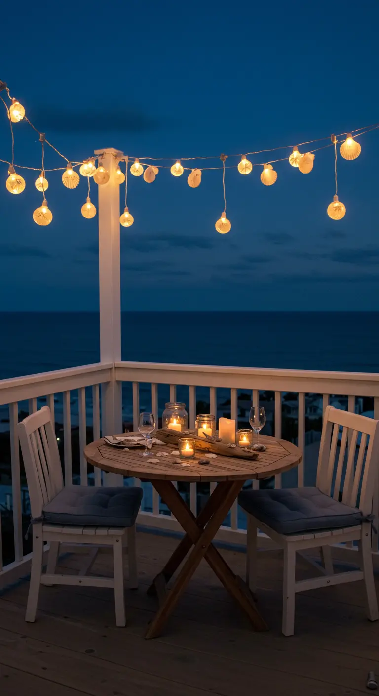 A balcony bistro set at night, illuminated by string lights adorned with seashells.
