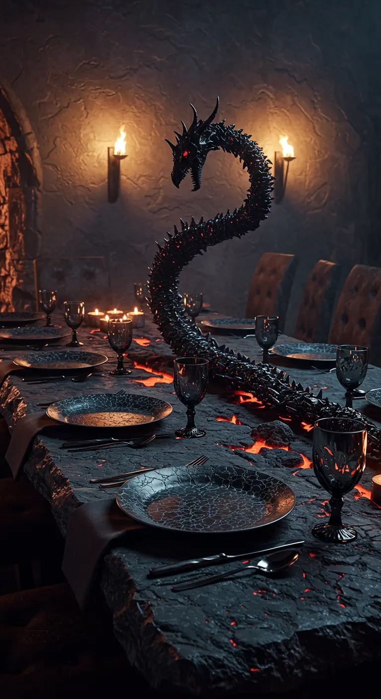 A fantasy-themed table with a black dragon centerpiece and glowing lava-like cracks.