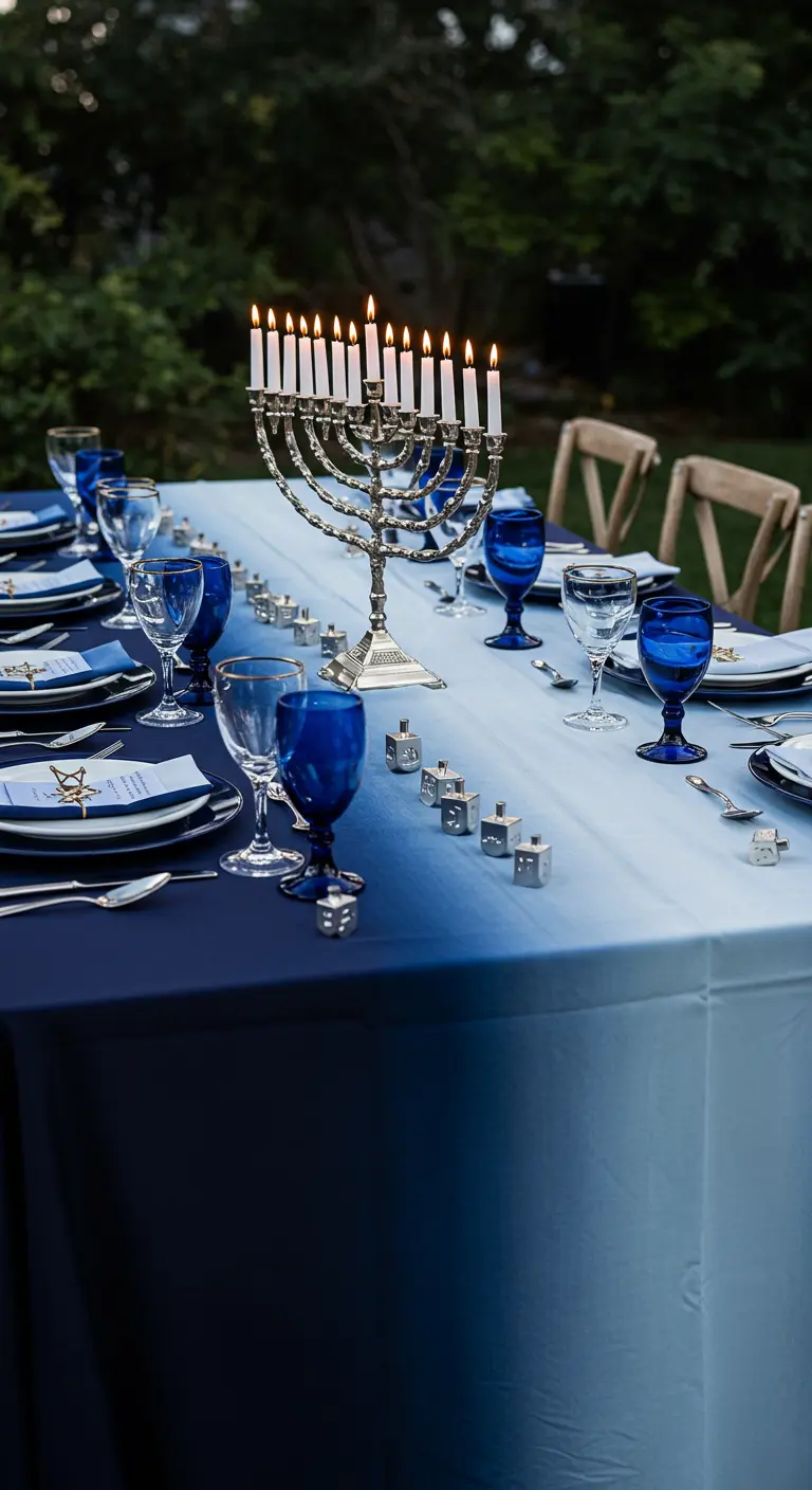 A stunning Hanukkah table featuring a blue ombré tablecloth that fades from light to dark.