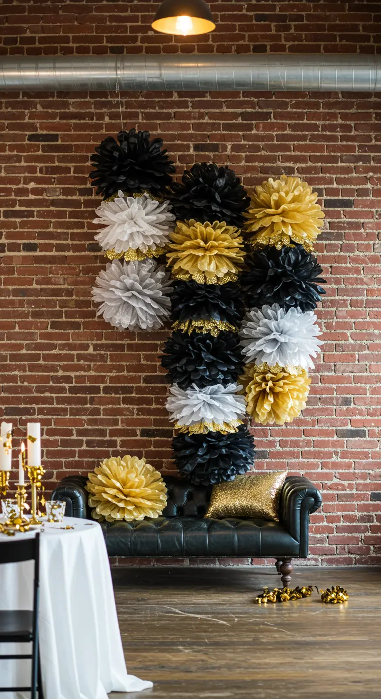 Black, gold, and silver glitter-tipped pom-poms clustered against a brick wall.