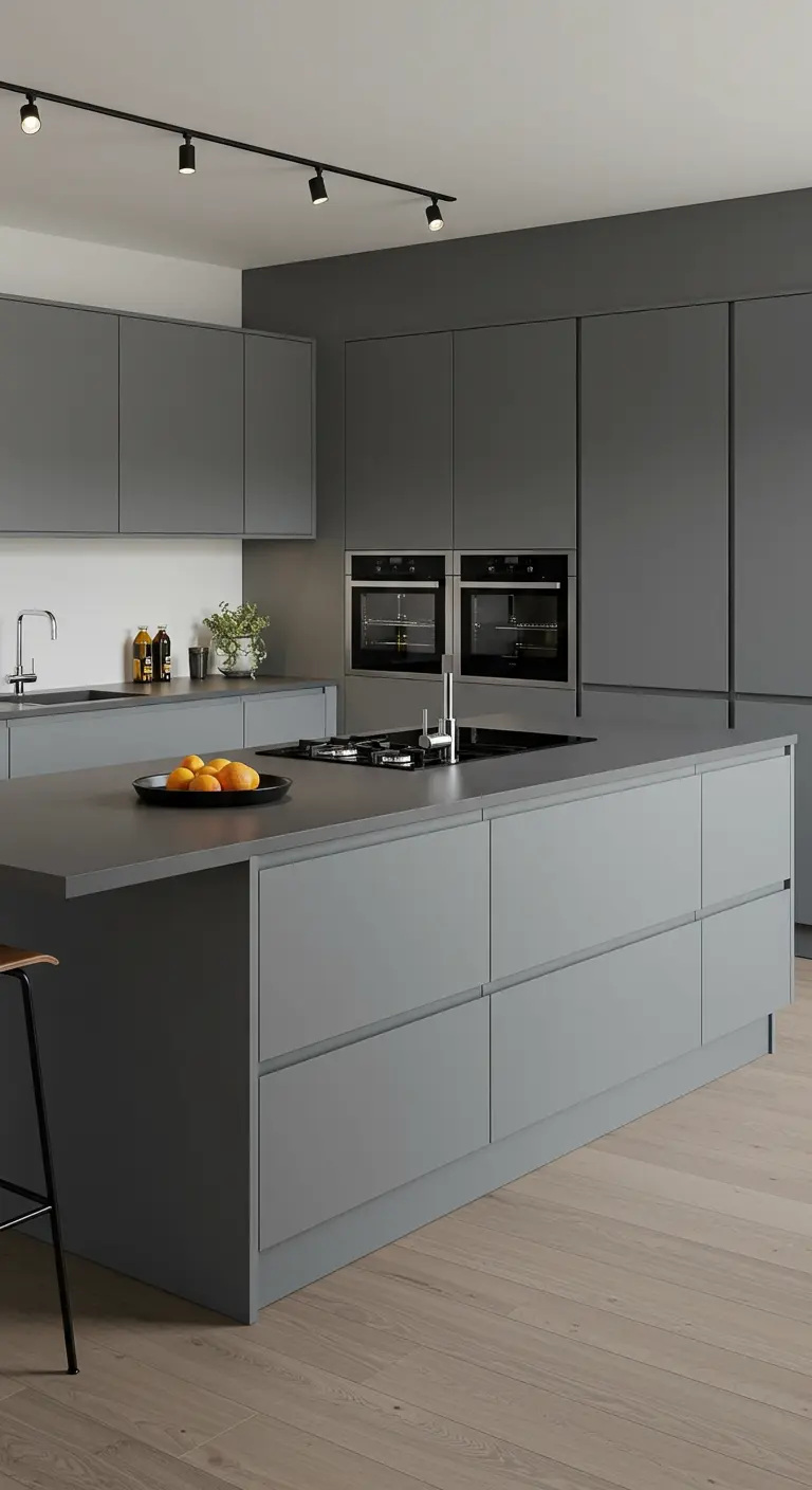 A modern grey kitchen with a matte black track lighting system running across the ceiling.