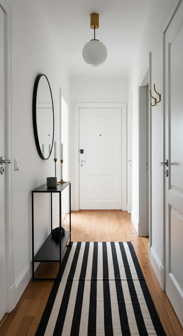 Narrow white hallway with a black-and-white striped runner, slim black console, and round mirror.
