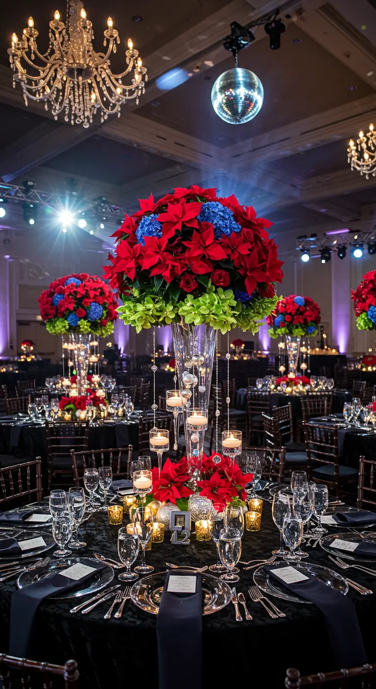 Dark ballroom with black tables, vibrant red, blue, and green floral centerpieces, and a disco ball.