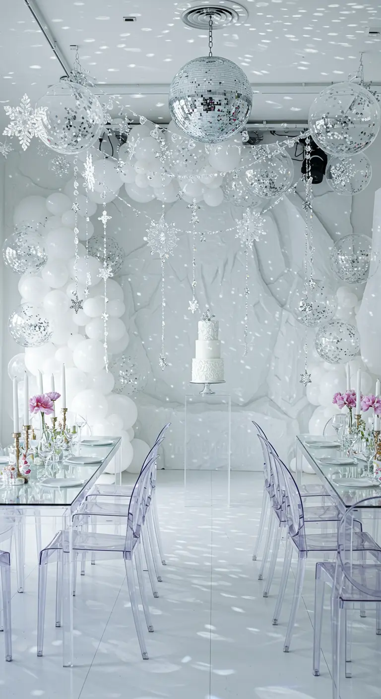 Glamorous white party decor with disco balls, clear chairs, and a white balloon installation.