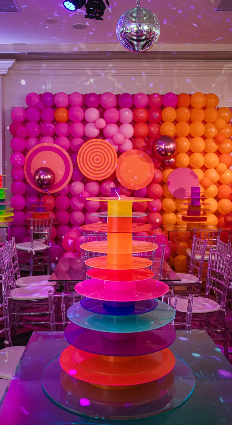 Vibrant pink and orange balloon wall behind a colorful tiered acrylic dessert stand.