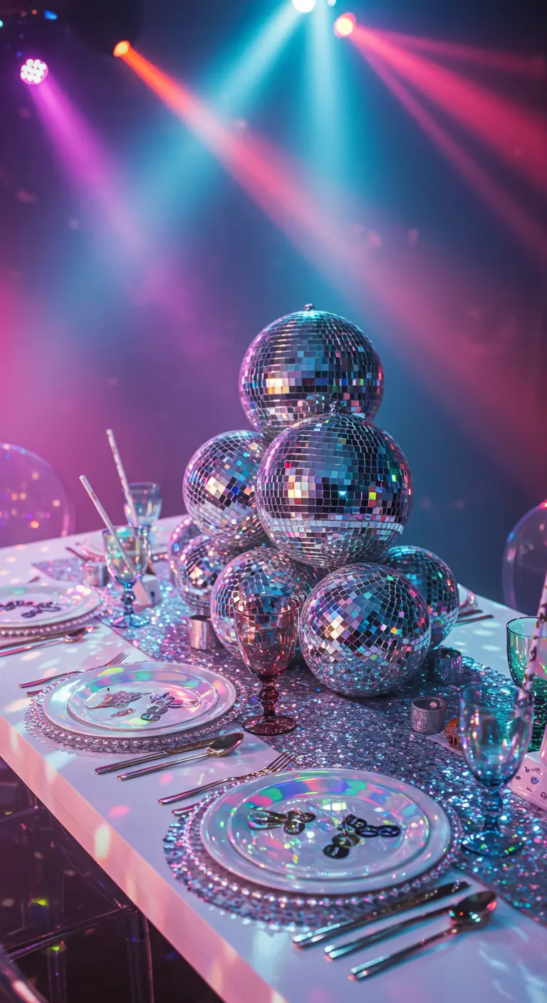 A party table with a centerpiece made of stacked disco balls on a silver glitter runner.