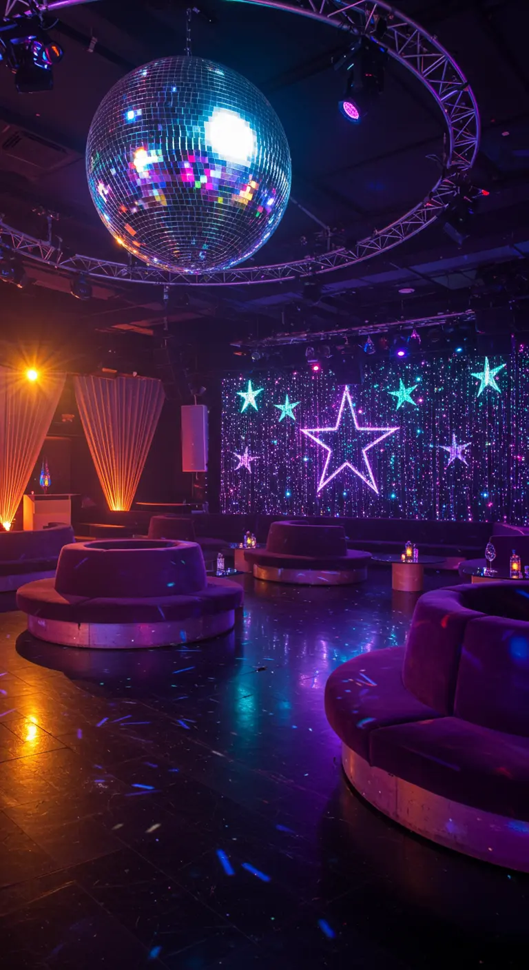 A vibrant dance floor with a large disco ball, neon stars, and purple velvet sofas.