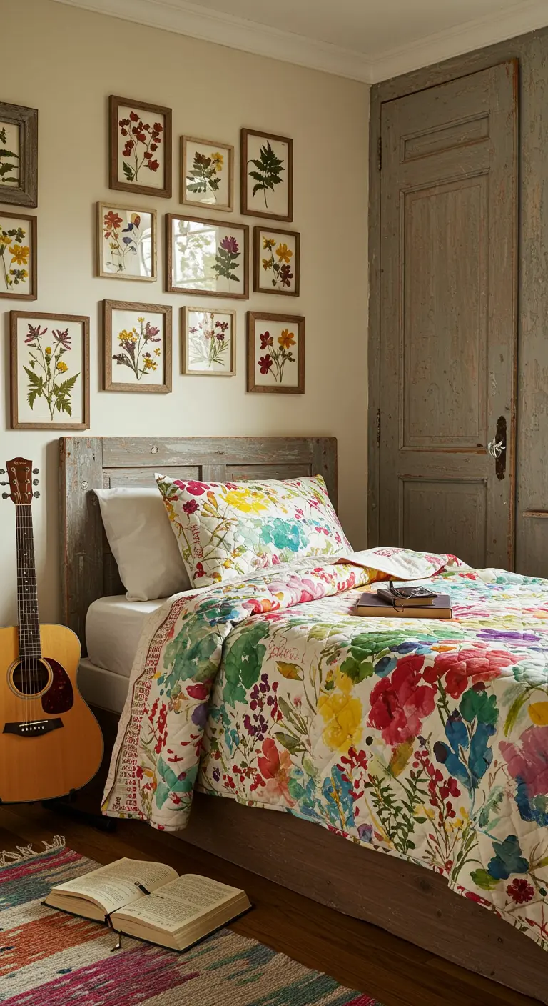 Gallery wall of framed pressed flowers above a bed with a colorful floral quilt.