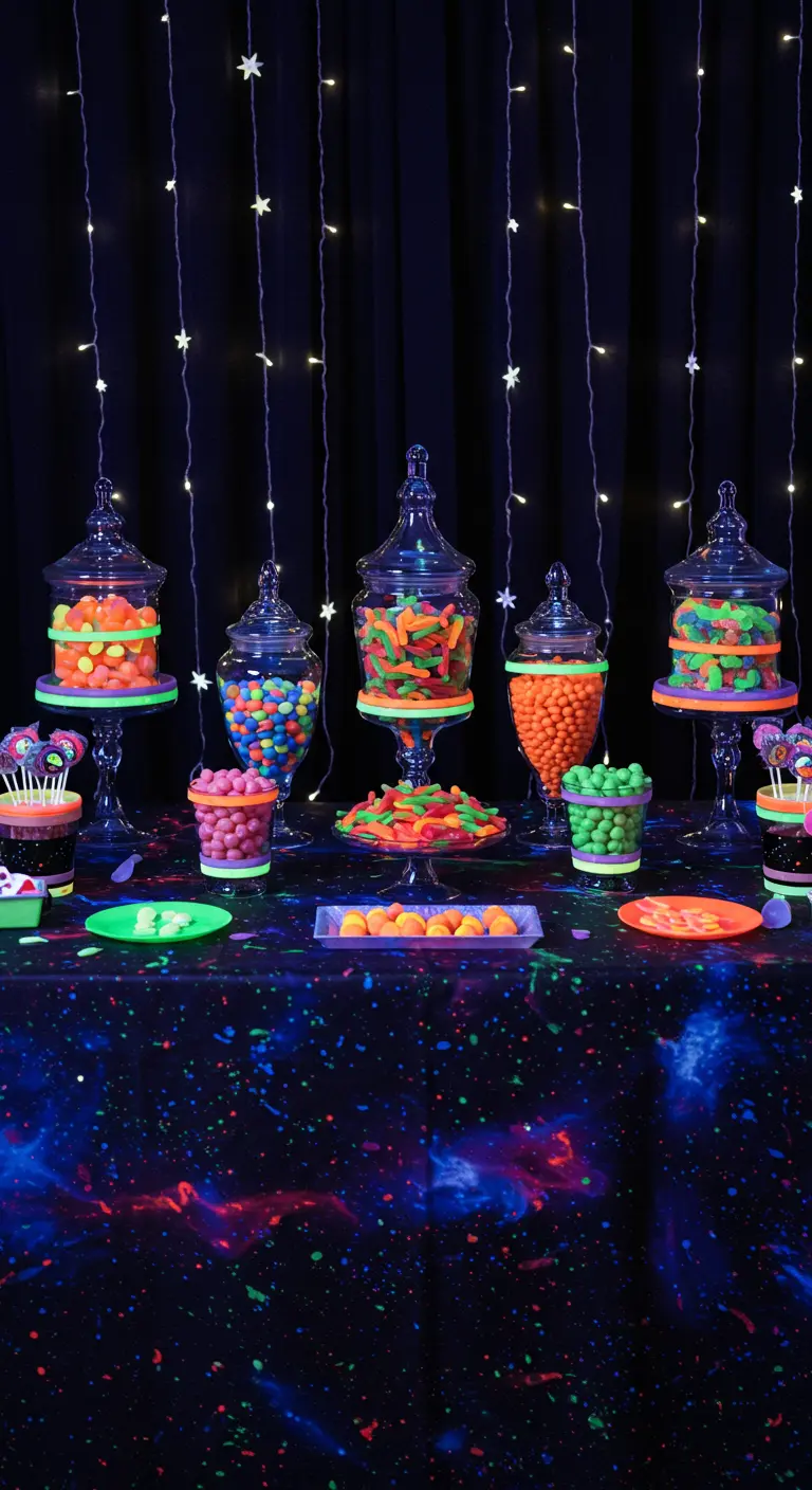 A candy buffet table with a galaxy-print tablecloth and glowing candies in apothecary jars.