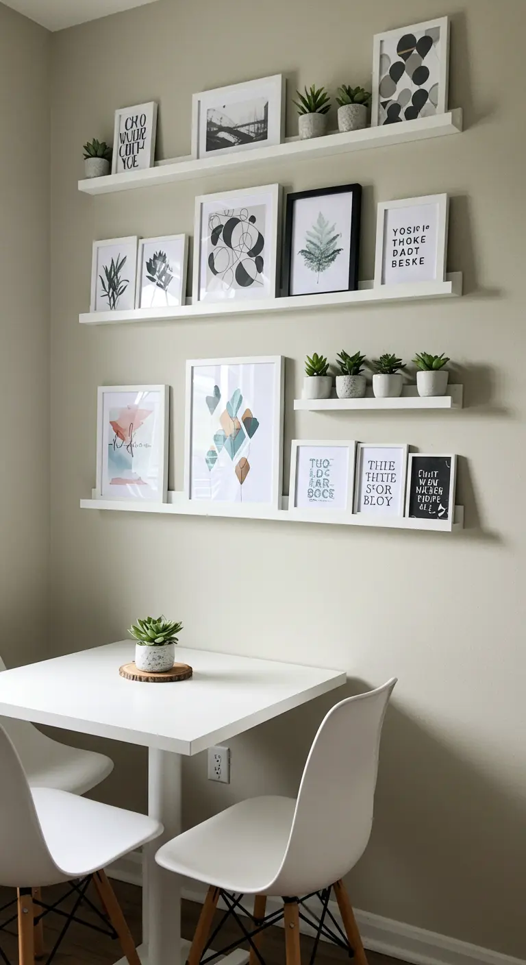 A small dining area with three white picture ledges holding art and plants.