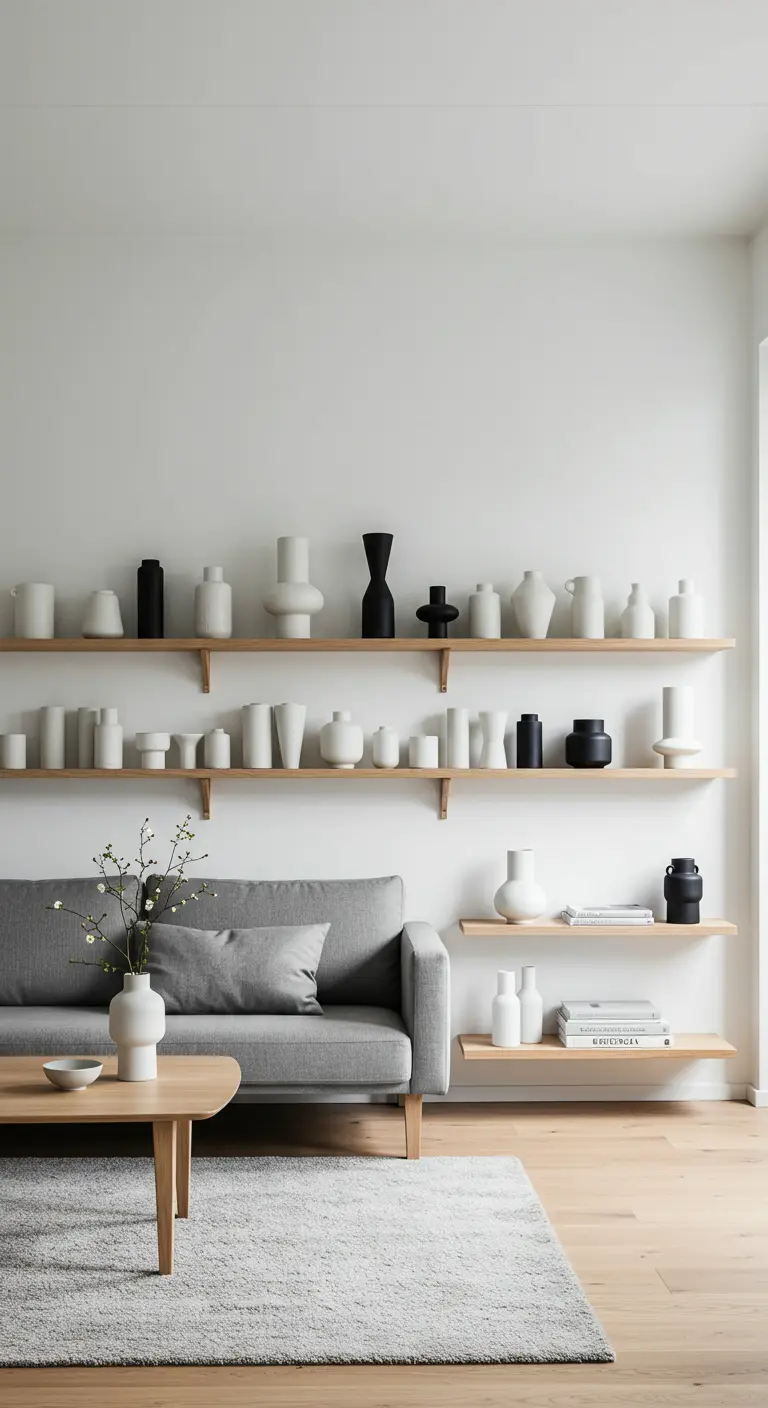 Open oak shelves displaying a large, curated collection of black and white ceramic vases.
