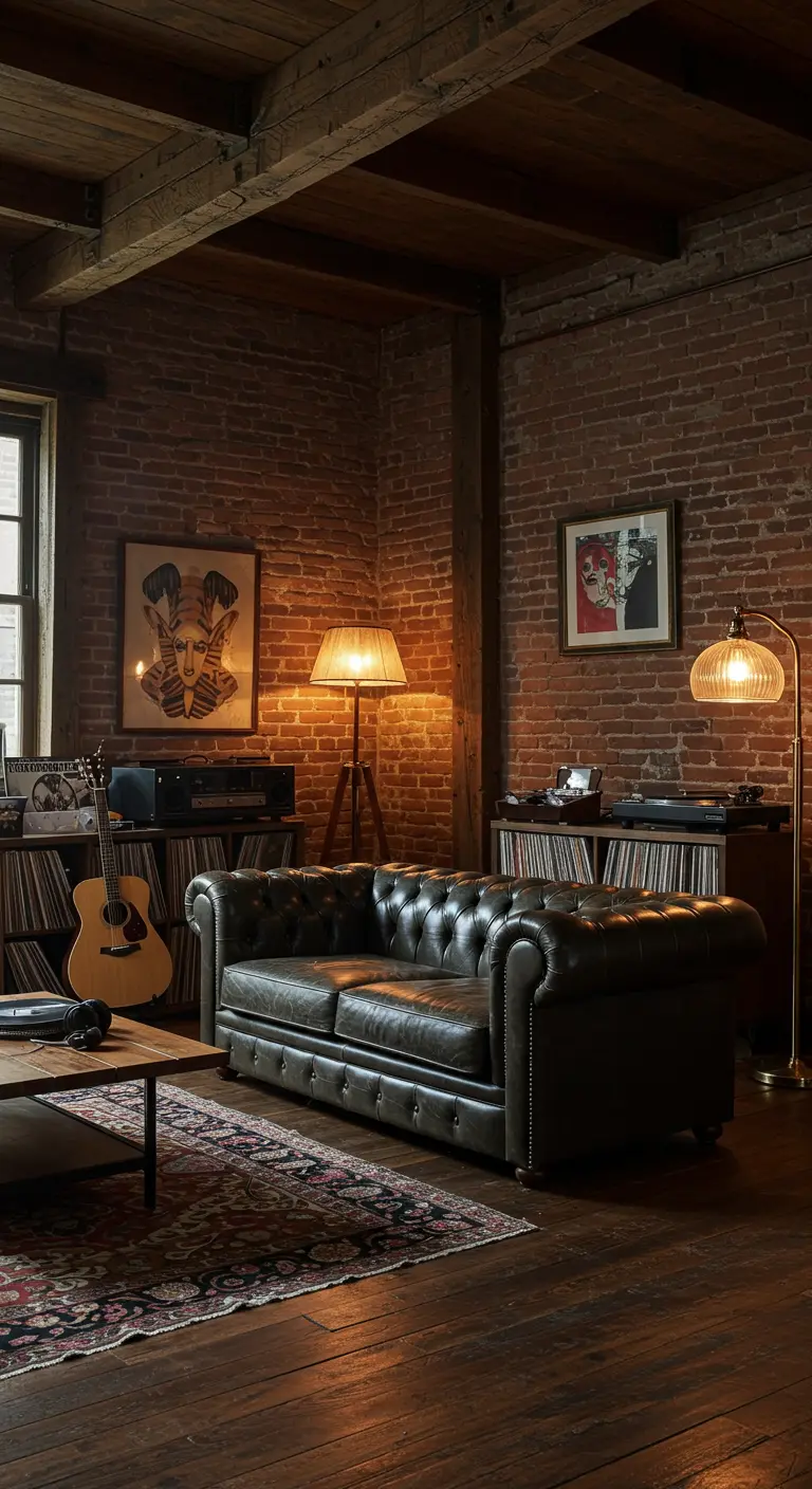 Rustic listening room with a black leather sofa, brick walls, and shelves filled with vinyl records.
