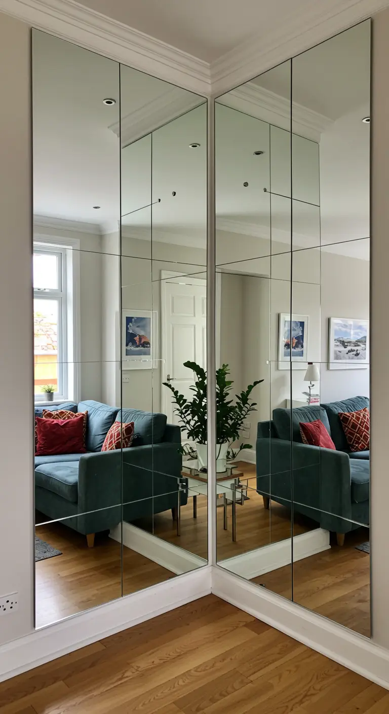A living room corner covered in gridded mirror tiles, reflecting the sofa and windows.