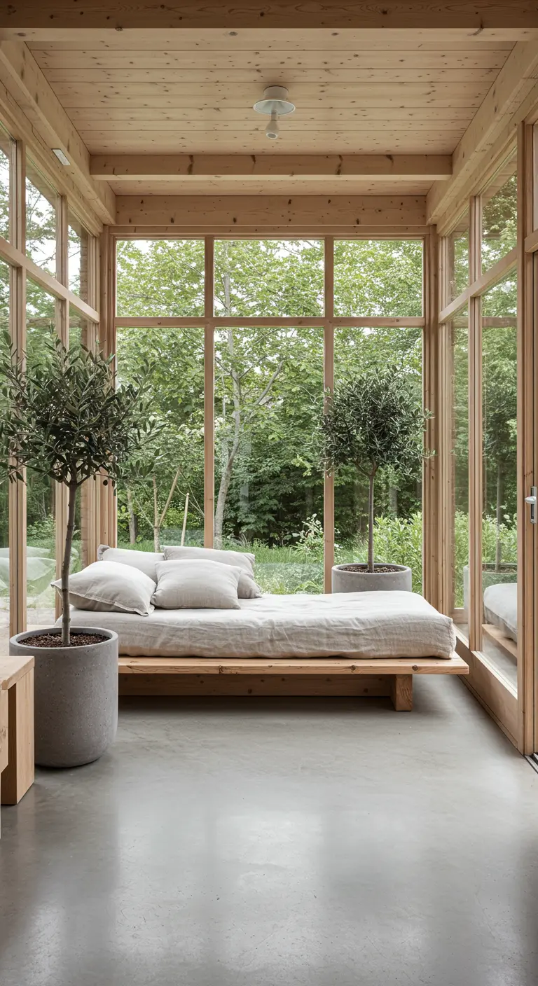 Sunroom with glass walls, a low wood daybed with linen pillows, and large potted olive trees.