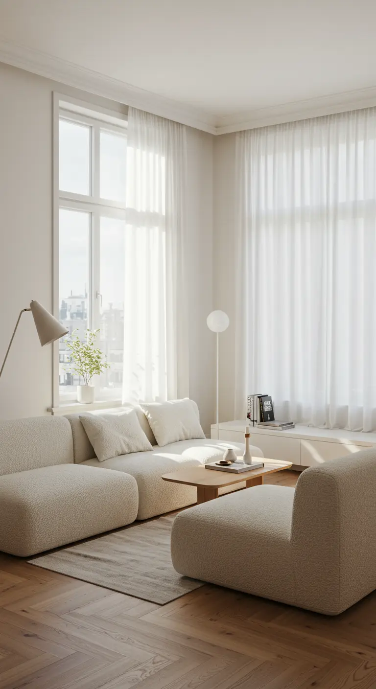A bright, all-white living room with a modular bouclé sofa and sheer curtains.