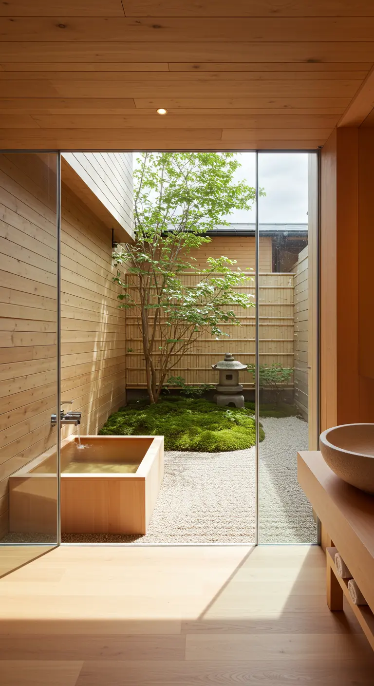 Wooden soaking tub next to a glass wall looking out onto a small Japanese courtyard garden.