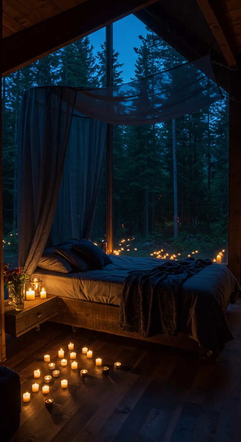 Cabin bedroom with a floor-to-ceiling window overlooking a candlelit forest.