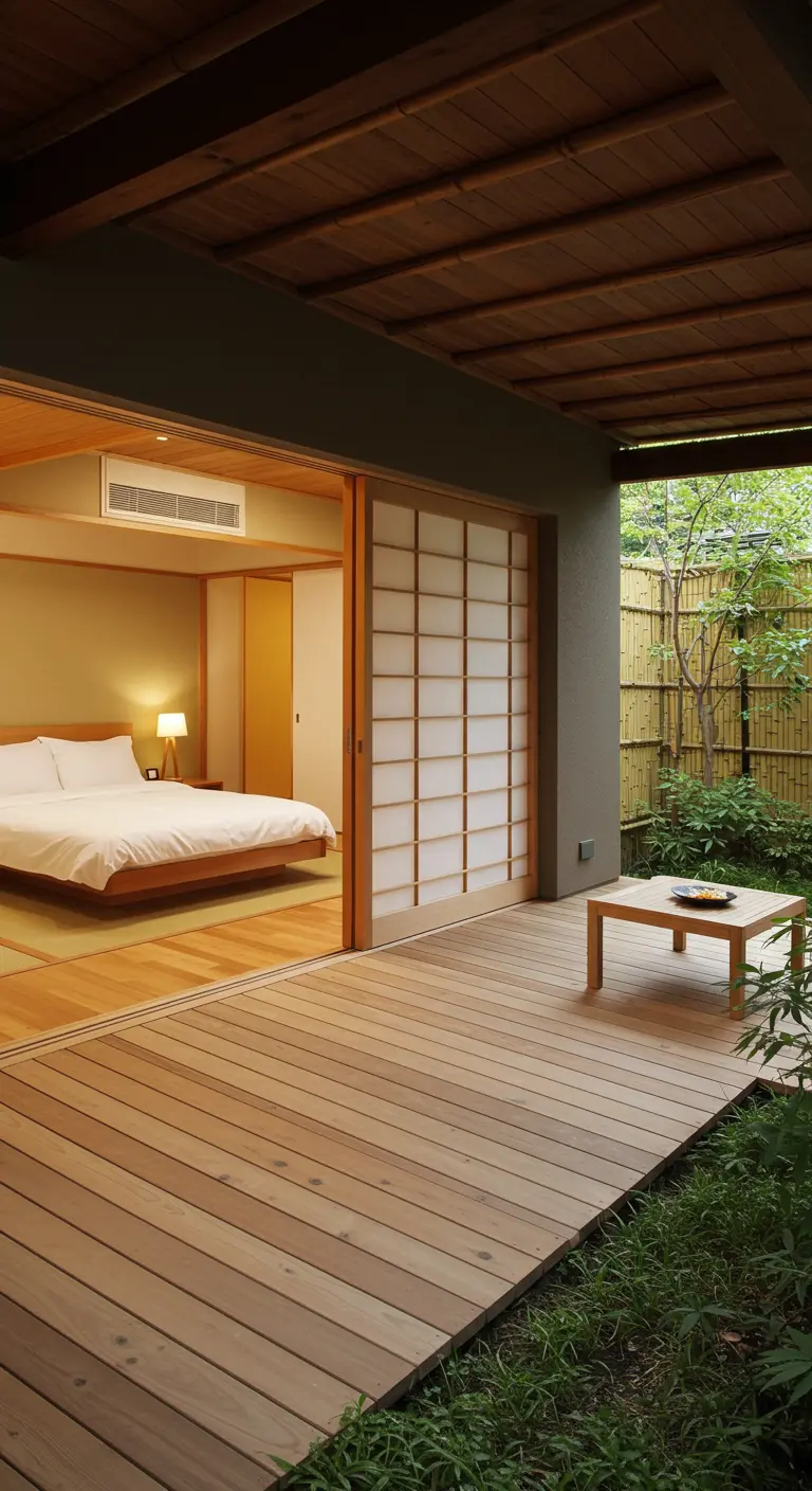 Bedroom with a sliding shoji screen opening to an outdoor wooden deck.