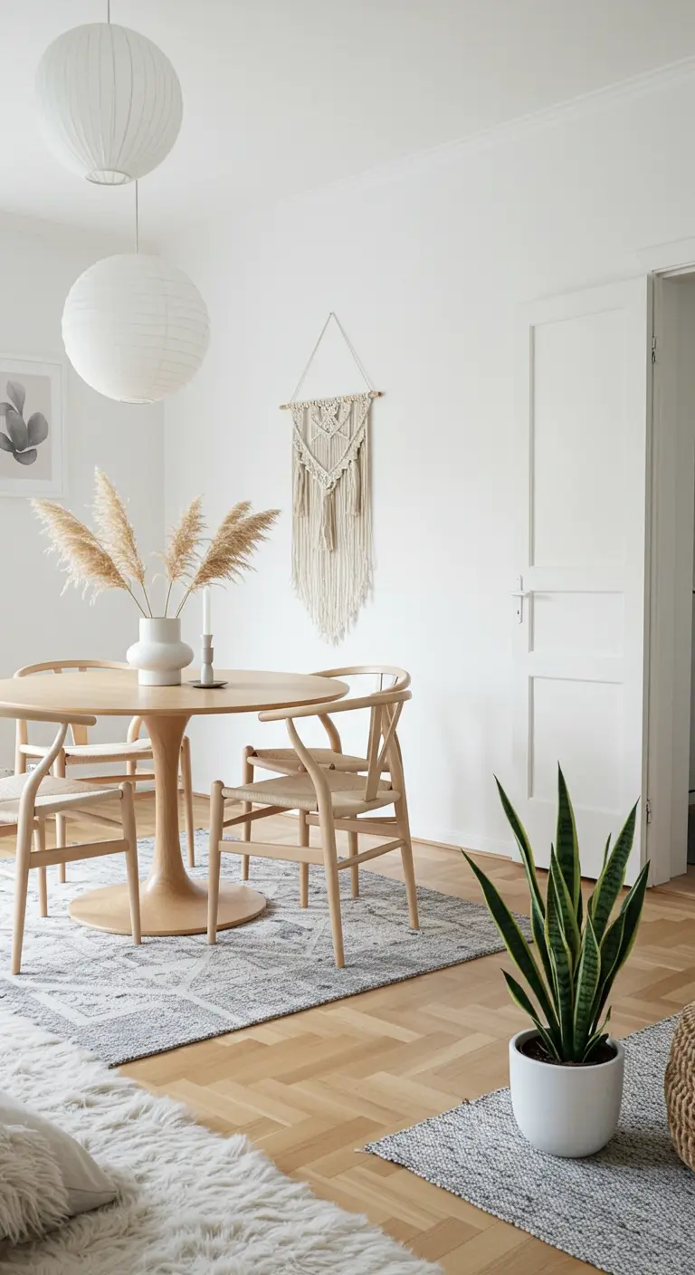 Scandinavian dining room with a light wood table, a small macramé wall hanging, and paper lanterns.