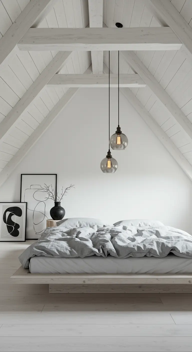 Minimalist white attic bedroom with a low platform bed and two glass pendant lights.