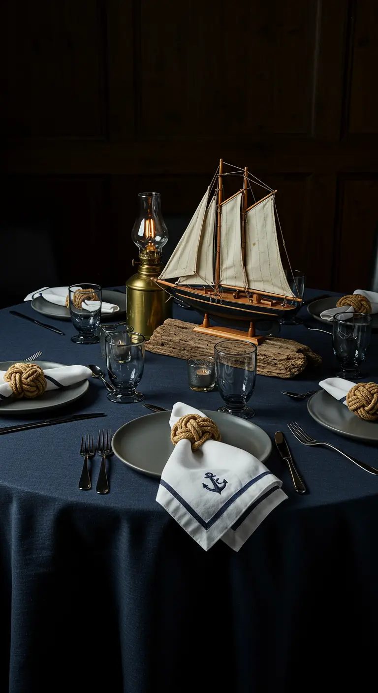 Moody nautical table with navy cloth, brass lantern, driftwood, and an anchor-embroidered napkin.