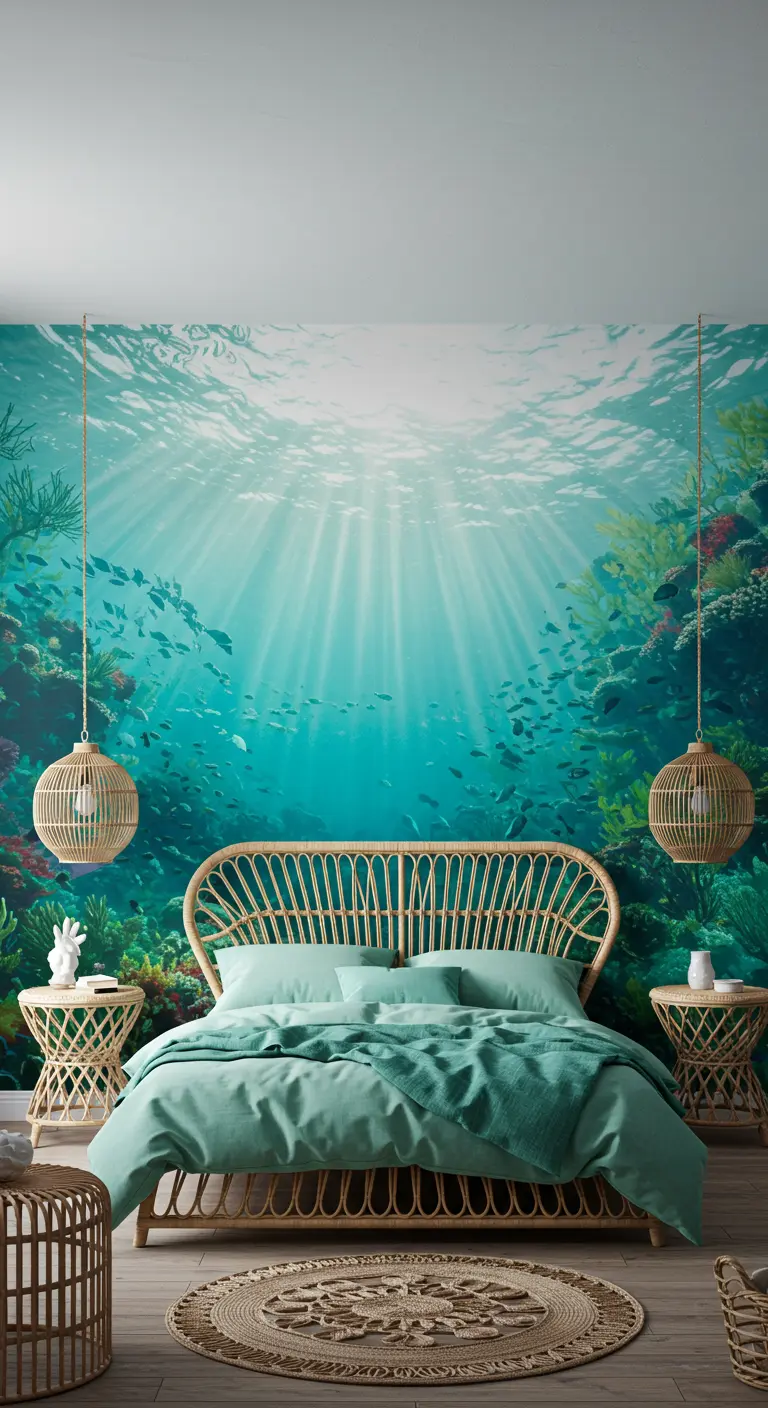 Bedroom with a vibrant underwater coral reef mural and seafoam green bedding.