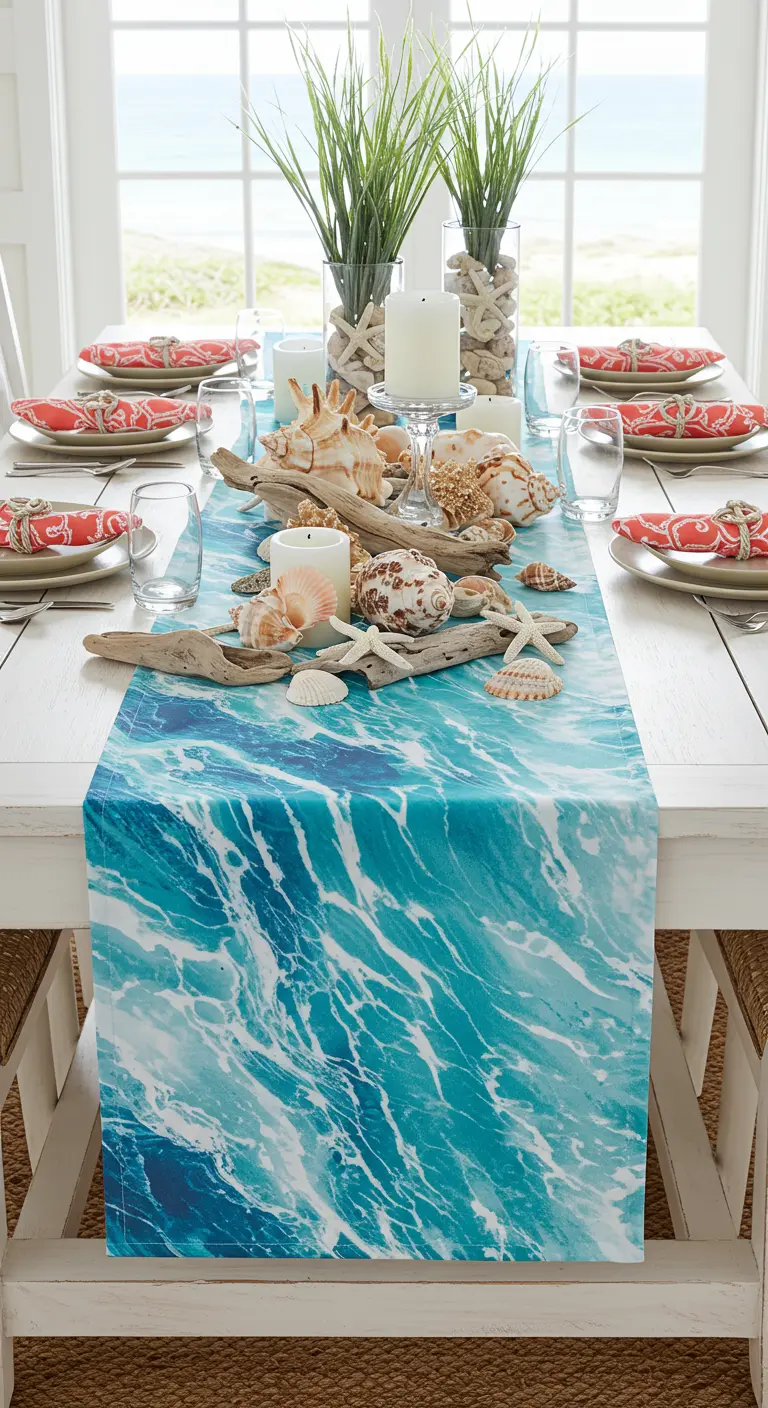 A coastal-themed table with a water-print runner, driftwood, seashells, and coral napkins.