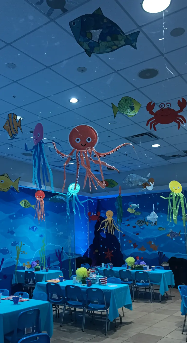 A party room decorated with hanging paper sea creatures and blue tablecloths.