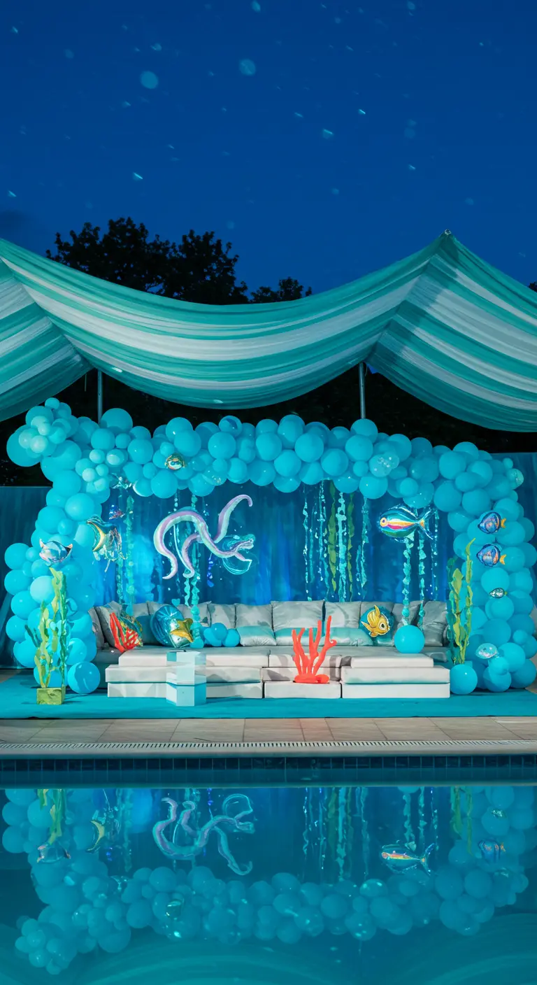 An underwater-themed party by a pool with a turquoise balloon arch and striped canopy.